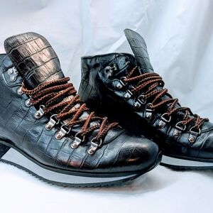 PRADA NEW Men's Black Crocodile Pattern Hiking Boots, Size 43